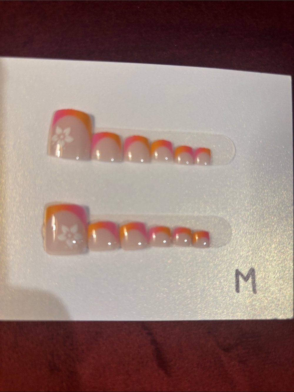 False Nail Set - Pink & Orange Ombre Floral Toe Nails